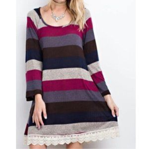 Easel Multi Color Block Stripe Knit Dress w/ Crochet Lace & Bell Sleeve Size M